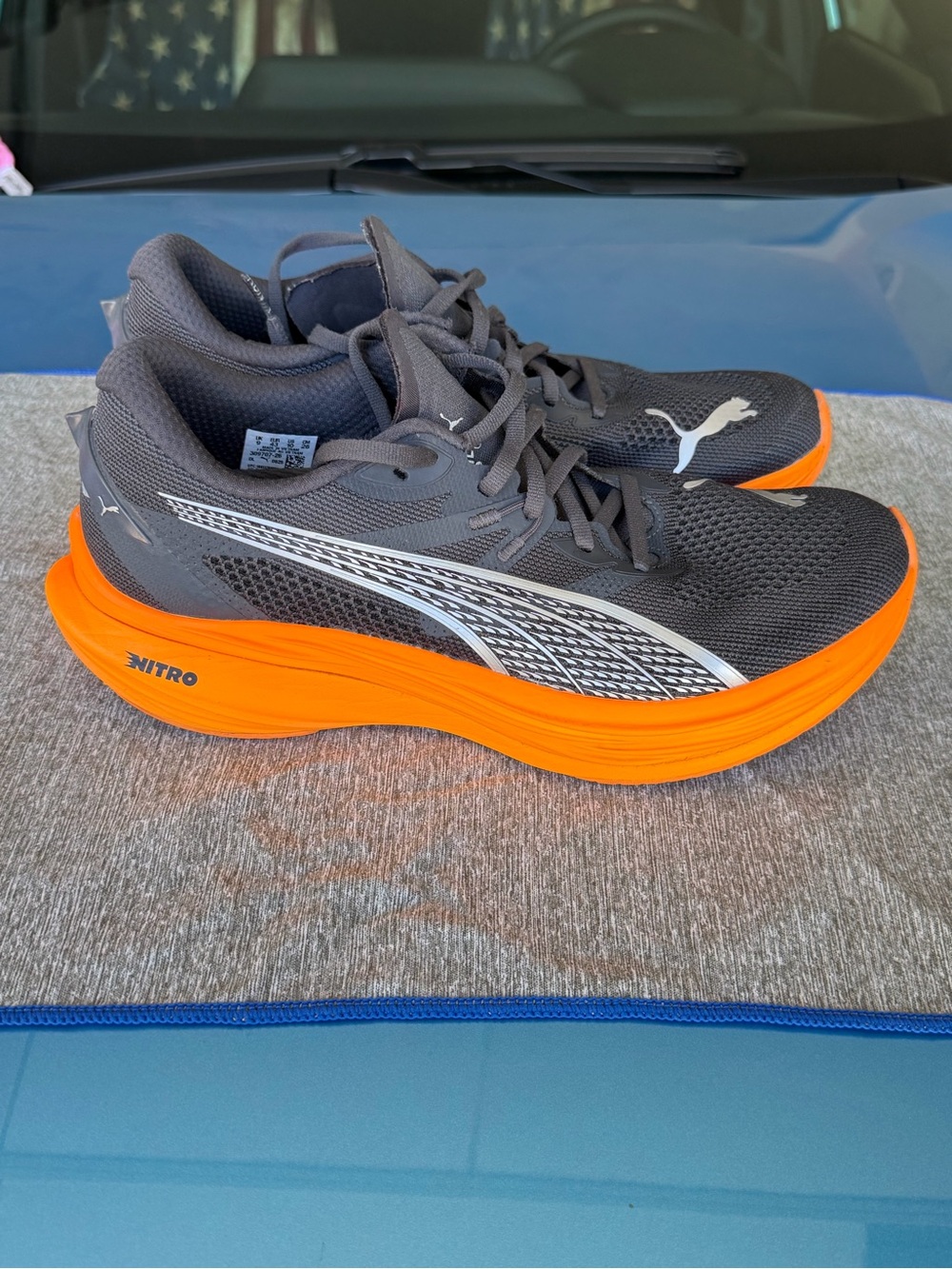 Puma Men’s Gray Mesh Trainers with Bright Orange Nitro Sole